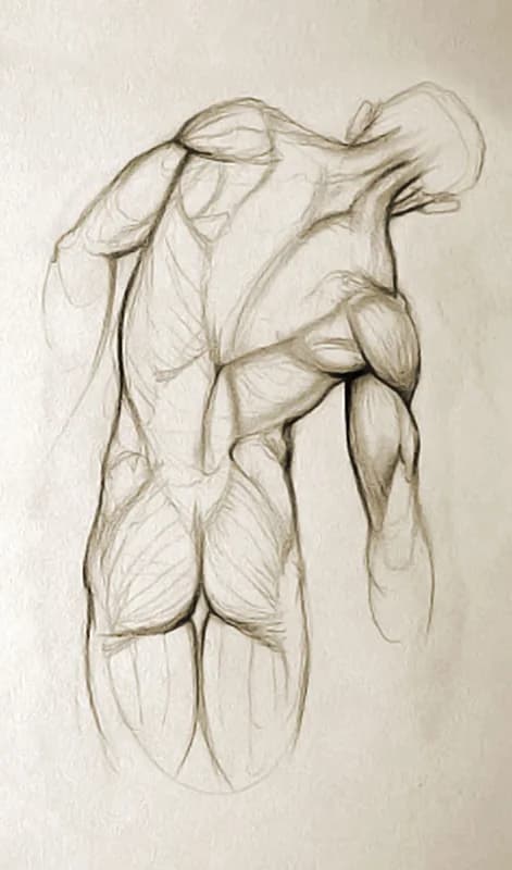 Pencil study of the back muscles, from the neck and shoulders down to the hips