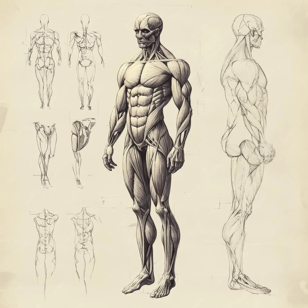 Anatomy sketch of the human muscular system, front, back and side views